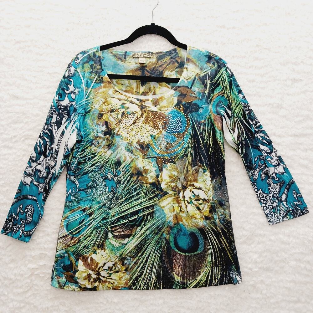 T-Shirt Women Peacock Floral OOAK Boho Jewel Tone Whimsycore Indie Sleaze Sz PXL